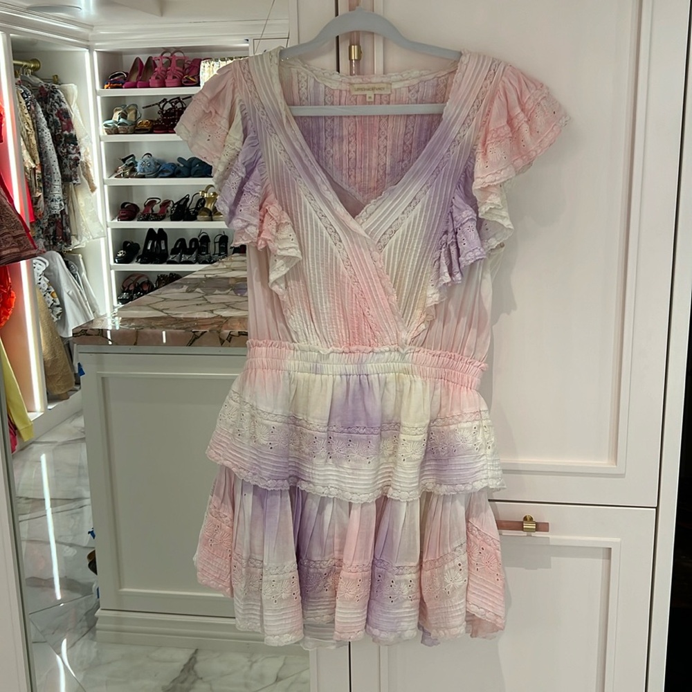 LoveShackFancy XL rainbow tie dye Natasha ruffle lace mini dress
